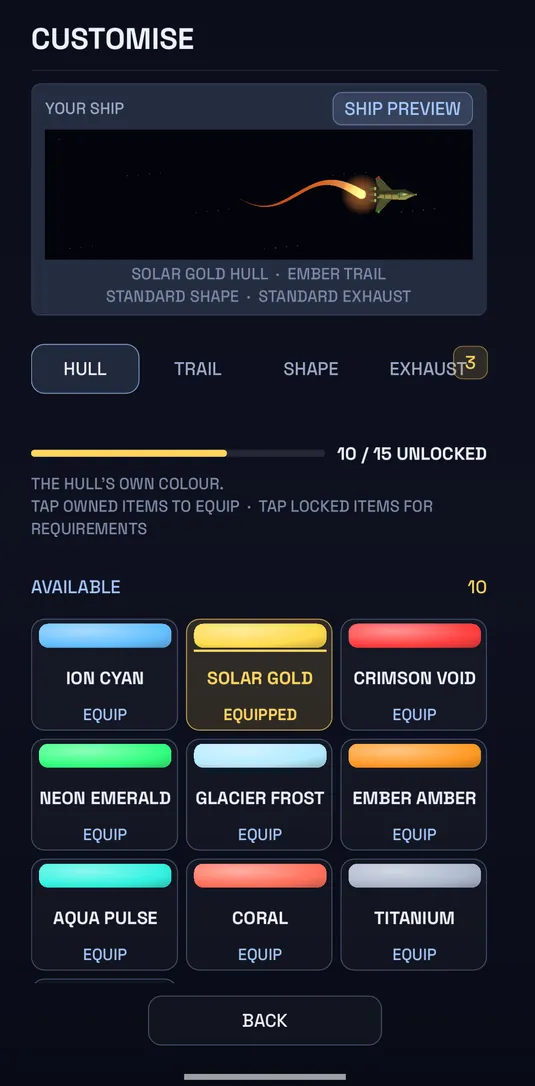 Ship customisation screen with unlockable hull colours
